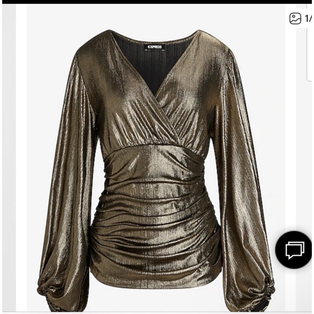 EXPRESS Blouse Top Womens Gold Metallic Ruched Wrap V Neck Pullover Size XS